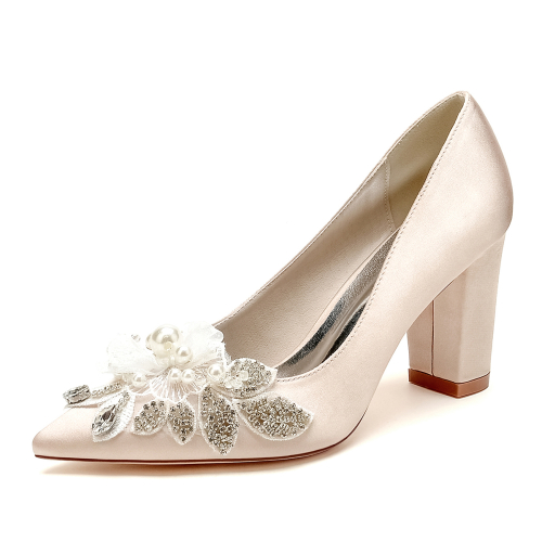 Champange Satin Rhinestone Flowers Bride's Wedding Pumps with Comfortable Chunky Heel
