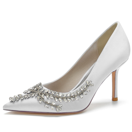 White Satin Rhinestone Flowers Stiletto Heel Pumps Wedding Shoes