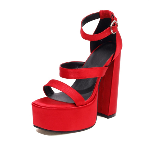 Red Satin Triple Strap Chunky Heels Platform Sandals Strappy Party Sandals With Buckle