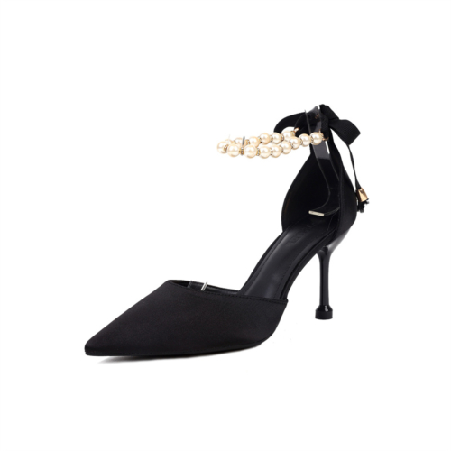 Black Satin Wedding Shoes Mid Heel Pearl Ankle Strap Pointed Toe D'rosay Pumps