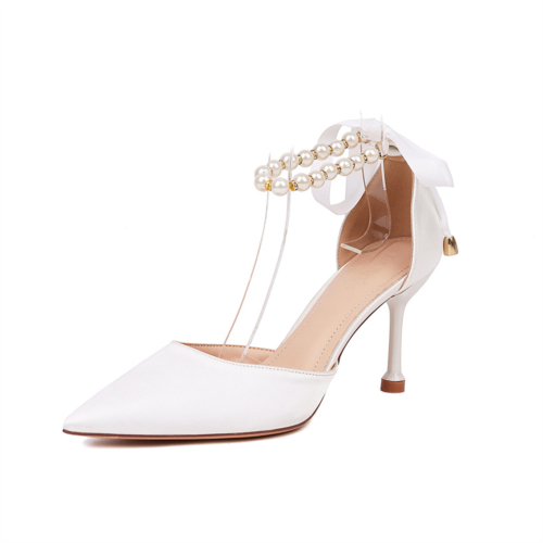 Satin Wedding Shoes Mid Heel Pearl Ankle Strap Pointed Toe D'rosay Pumps