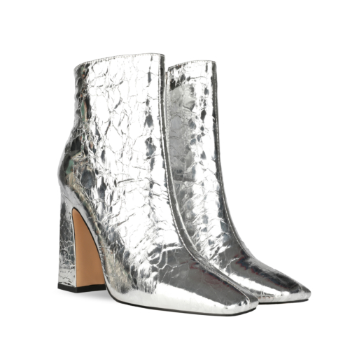 Silver Shiny Metallic Square Toe High Heel Ankle Boots