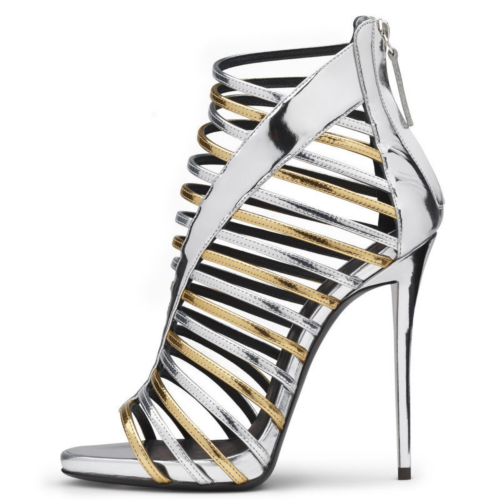 Silver Metallic Hollow Out Gladiator Sandals Stiletto Heel Shoes with Back Zipper