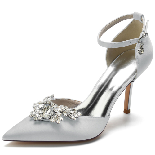 Silver Satin Pointed Toe Ankle Strap Rhinestone Stiletto Heel Wedding Pumps