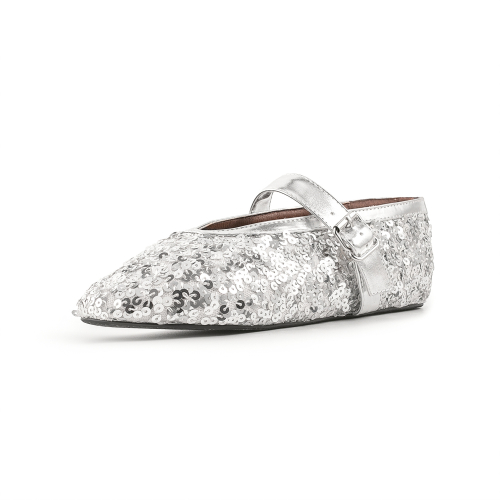 Silver Sequin Ballet Flats Comfy Round Toe Flat With Buckle