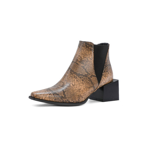 Brown Snake Print Chelsea Boots Chunky Heel Short Ankle Boots