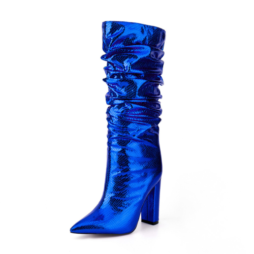 Blue Snake Printed Metallic Knee High Boots Slouch Chunky Heel Boots
