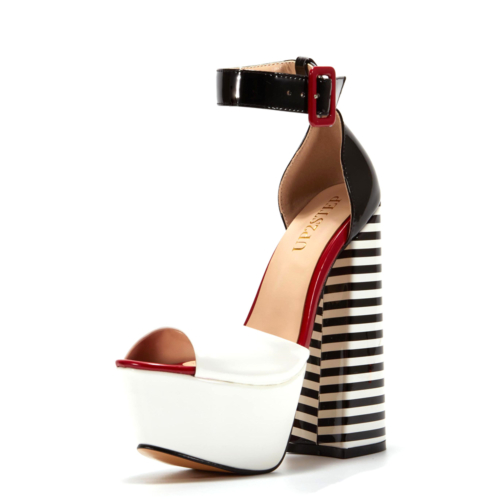 White&Black Striped Chunky Heel Platform Sandals Buckle Shoes With Ankle Strap