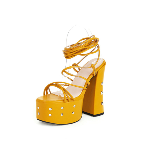 Studded Lace Up Platform Sandals Chunky High Heels Strappy Dress Shoes