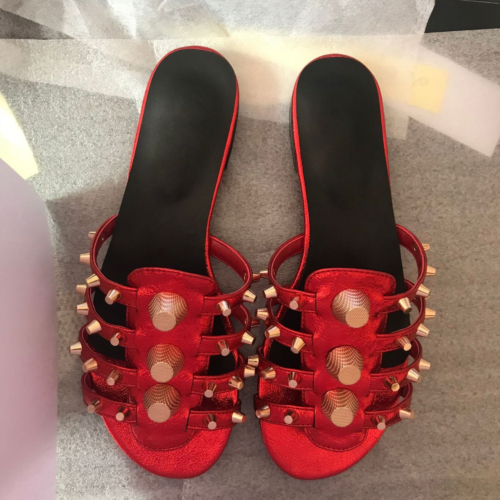 Red Studded Multi-Straps Slip on Sandals Beach Party Flat Sandals Summer Open Toe Silde Shoes