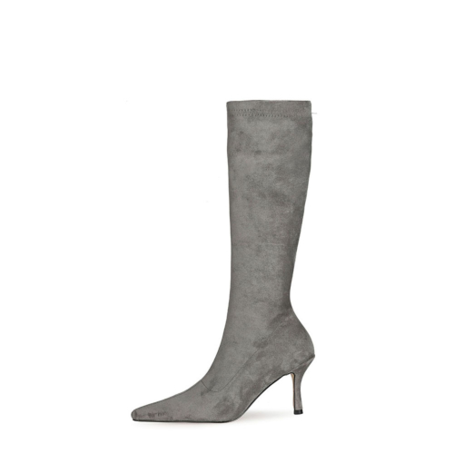 Grey Suede Plain Elastic Pointed Toe Knee High Boots
