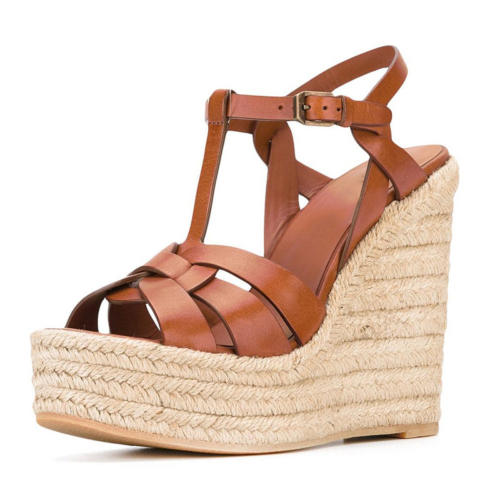 Summer Woven Straw T-Strap Wedge Sandals with Buckle Slingbacks