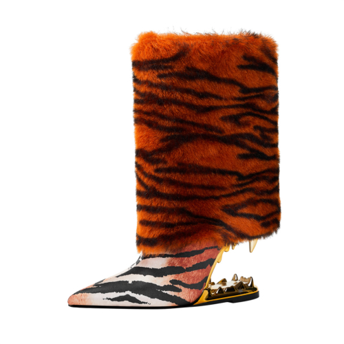 Tiger Printed Satin Animal Tooth Shape Heels Furry Short Boots