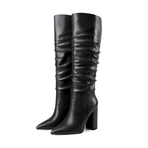 Trendy Chunky Heel Womens Slouchy Boots Knee High Boots with Pointy Toe