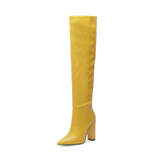 Yellow Pointed Toe Block Heel knee High Boots