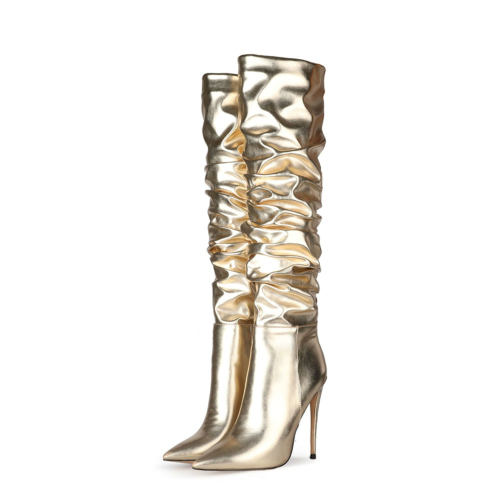 Metallic Plisse Stilettos  Over the Knee Boots