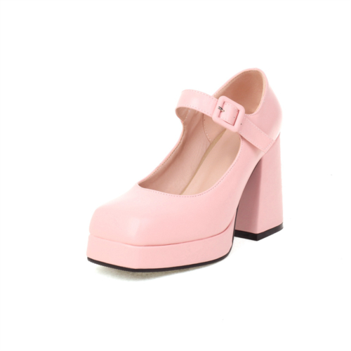 Pink Vegan Leather Square Toe Platform Block Heels Mary Jane Pumps