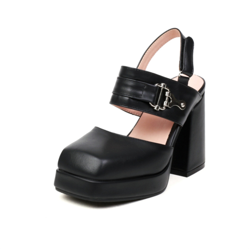 Vegan Leather Black Square Toe Platform Block Heel Slingback Mary Jane Sandals
