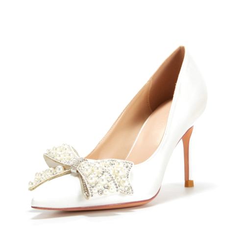 Women's White Pearl Bow Pointed Toe Stiletto Heel Pumps