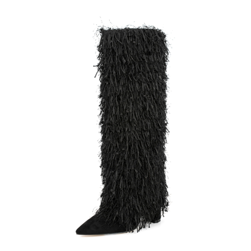Fabric Fringe Furry Fold Over Boots Pointed Toe Chunky Heel Knee High Booties