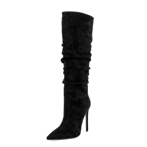 Women's  Black Suede Pointed Toe Slouch Boots Stilettos Wide Calf Boots