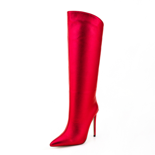 Red Metallic-color Fashion Pointed Toe Stiletto Heel Wide Calf Boots