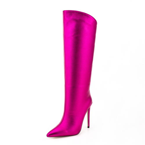 Hot Pink Metallic-color Fashion Pointed Toe Stiletto Heel Wide Calf Boots