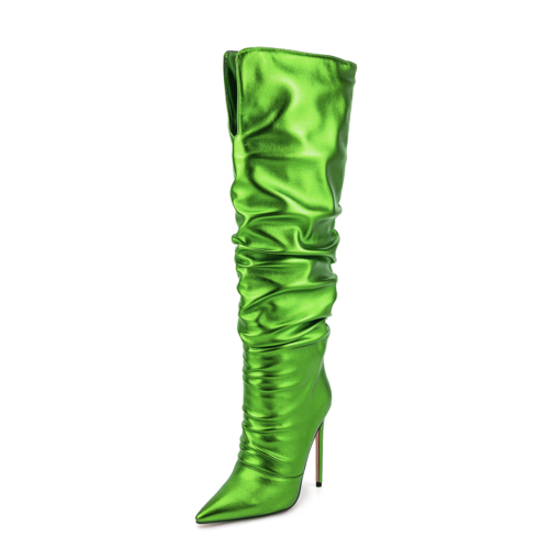 Neon Metallic Color Pointed Toe Slouch Boots Stiletto Heel Knee High Boots