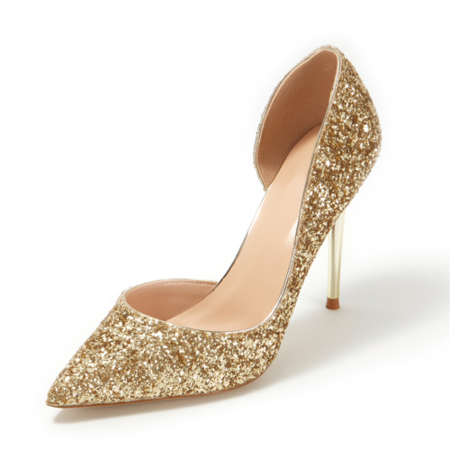 Up2step Golden Glitter Pointed Toe D'orsay Stiletto Heel Sequin Pumps