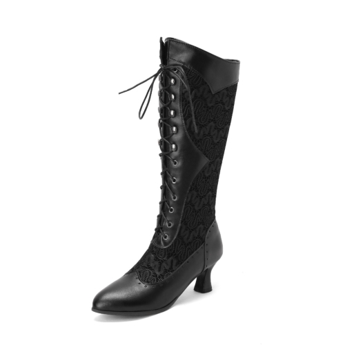 Black Spool Heel Boots Pointed Toe Lace Up Knee High Boots
