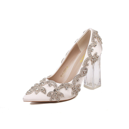 White Rhinestone Flowers Wedding Pumps Clear Chunky Heels Party Shoes