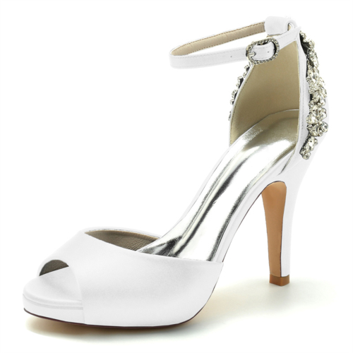 White Satin Peep Toe Wedding Shoes Ankle Strap  Stiletto Heel Platform Sandals