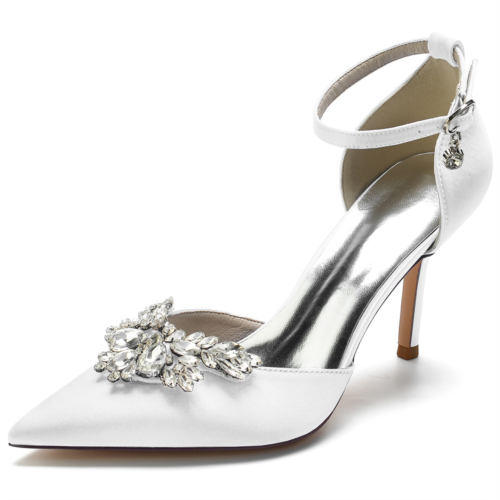 White Satin Pointed Toe Ankle Strap Rhinestone Stiletto Heel Wedding Pumps