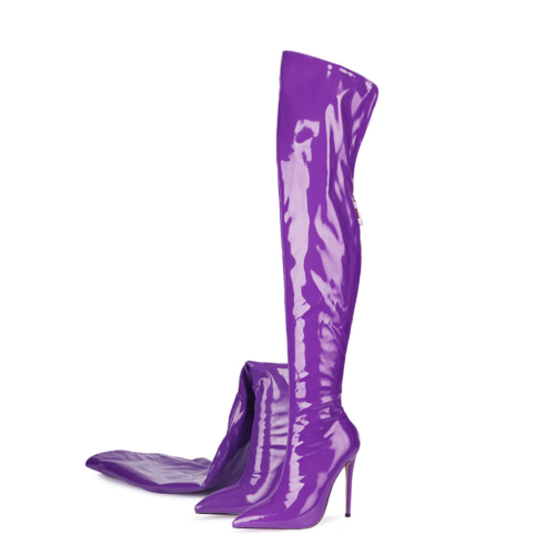 Neon Purple High Heel Boots Stiletto Thigh High Boots With Back Zipper