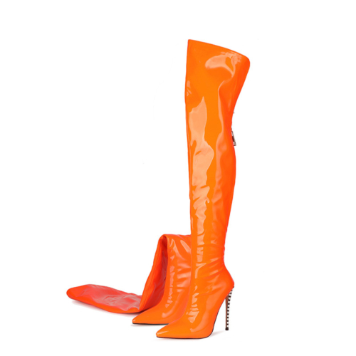 Neon Orange High Heel Boots Stiletto Thigh High Boots With Back Zipper