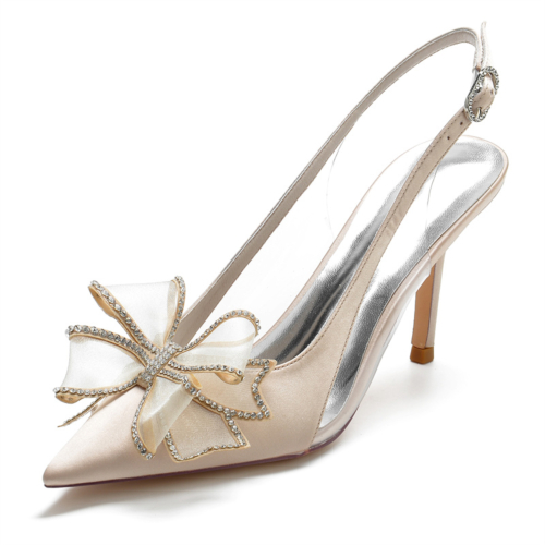 Women's Champagne Satin Wedding Shoes Pointed Toe Slingback  Stiletto Pumps with Bow