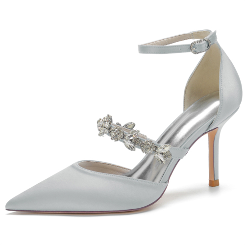 Women's Silver Jewelry Ankle Strap Heel Pumps Wedding Shoes