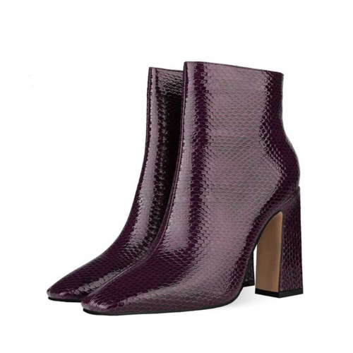 Purple Snake Print Square Toe Chunky Heel Dress Booties Ankle Boots