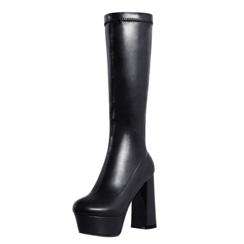 Round Toe Chunky Heel Platform Boots Pull On Knee High Boots