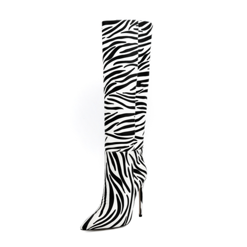 Zebra-stripe Printed Pointed Toe Stiletto Heels Knee High Boots