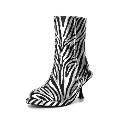 Zebra Print Almond Toe Ankle Boots Square Heel Zip Boots