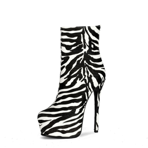 Zebra Printed Round Toe Stiletto Platform Ankle Boots