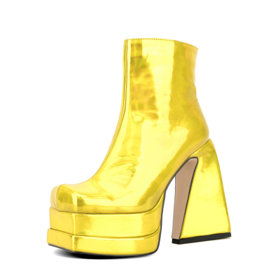 Women's Gold Patent Leather Platform Chunky Heels Square Toe Ankle Booties