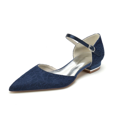 Navy Lace Ankle Strap Pointed Toe Flat Shoes