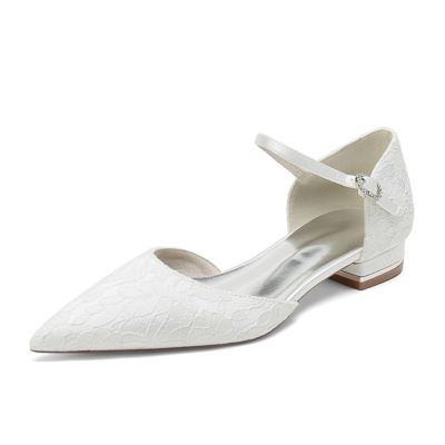 White Lace Ankle Strap Pointed Toe Flat Shoes