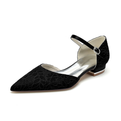 Black Lace Ankle Strap Pointed Toe Flat Shoes