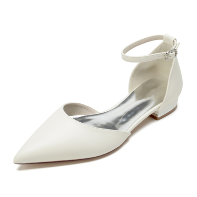 Ivory White Satin Pointed Toe Ankle Strap Wedding Flat Shoes