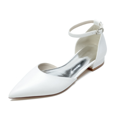 White Satin Pointed Toe Ankle Strap Wedding Flat Shoes