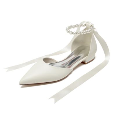 Ivory White Satin Pointed Toe Pearl Ankle Strap Lace up Flat Shoes