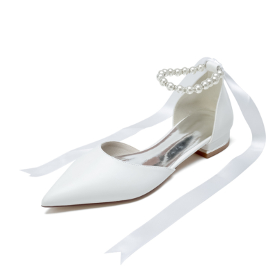 White Pointed Toe Pearl Ankle Strap Lace up Flat Shoes